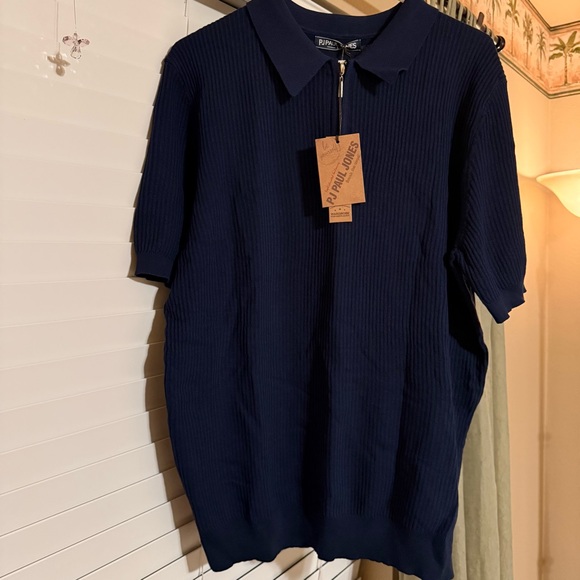 Men’s Large, Navy blue, PJ PAUL JONES s/s 1/4 Zip Ribbed Knit Polo Shirt, NWT - Picture 2 of 8